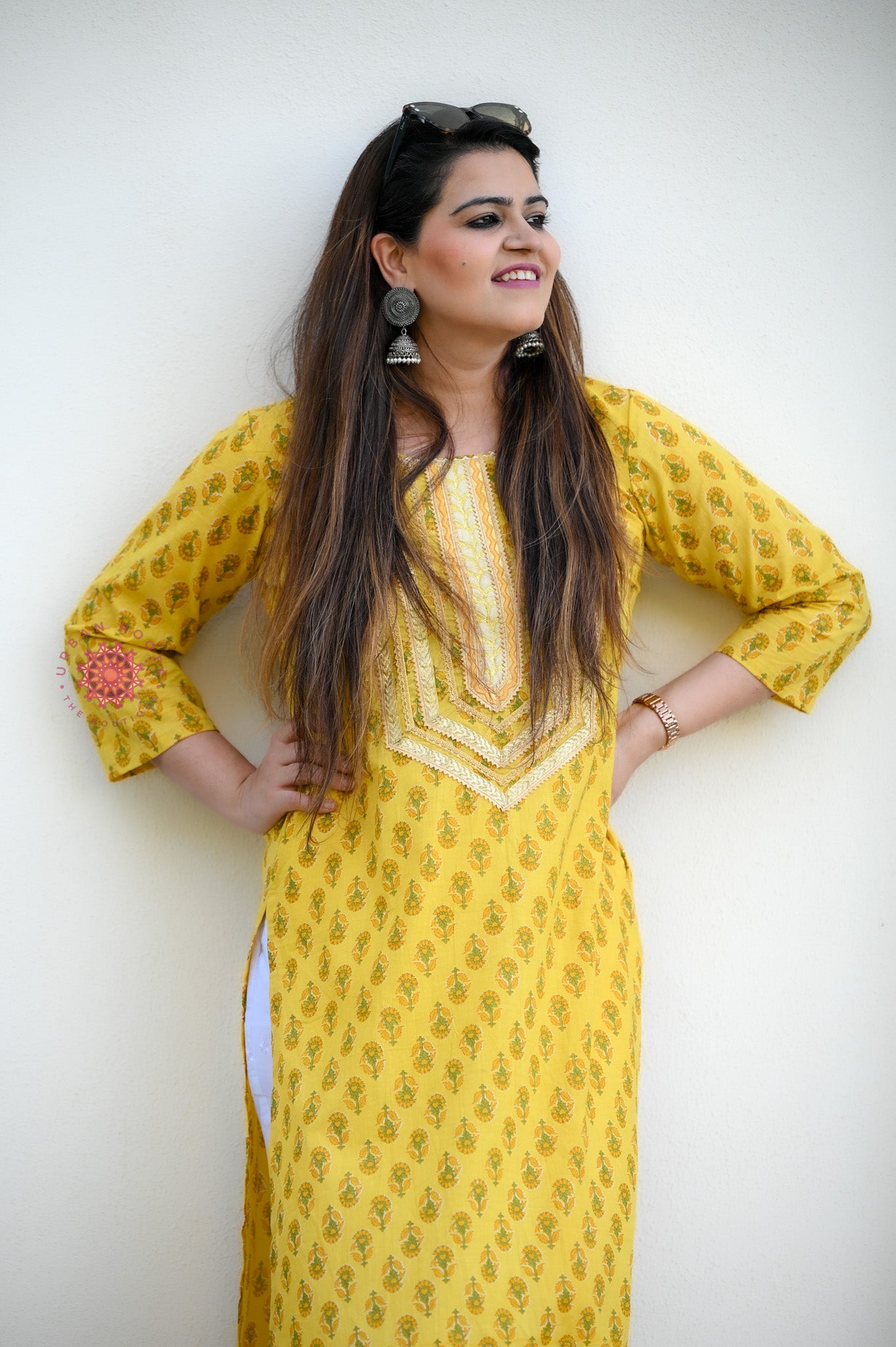 Block Printed Stitched Cotton Kurti With Gota / Lace Work