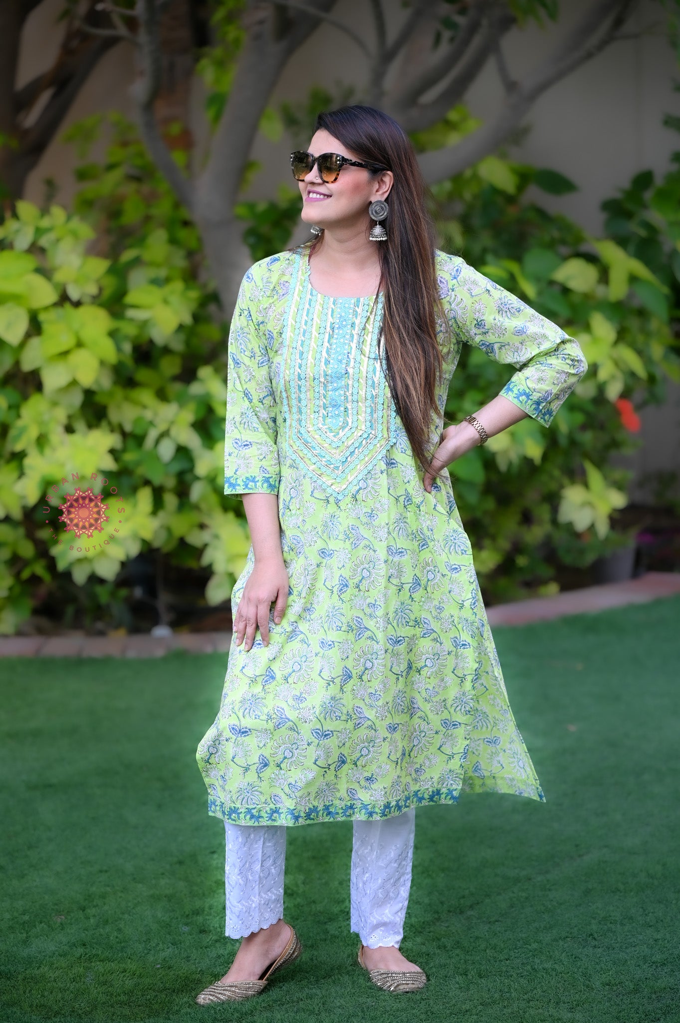 Block Printed Stitched Cotton Kurti With Gota / Lace Work