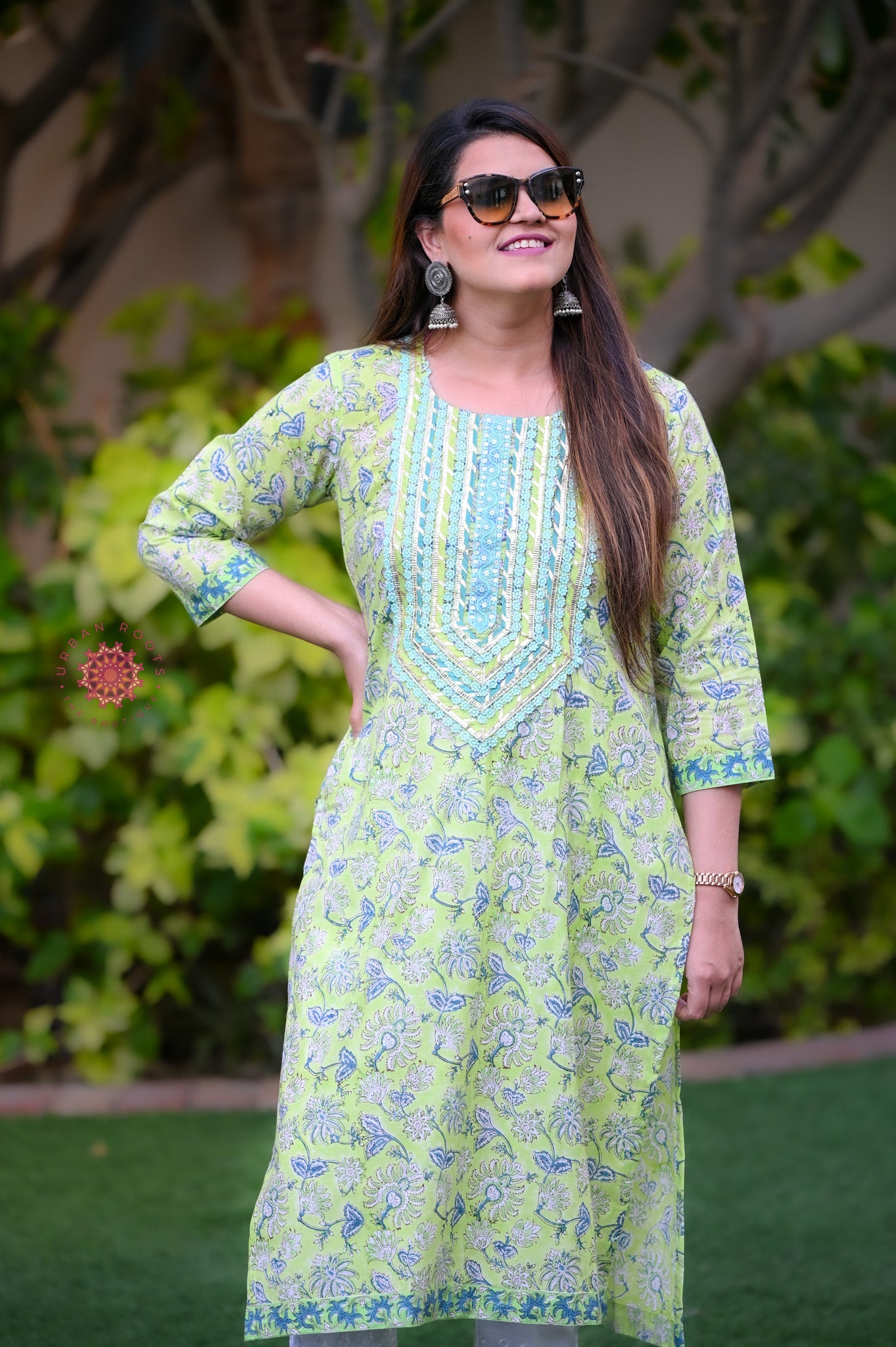 Block Printed Stitched Cotton Kurti With Gota / Lace Work