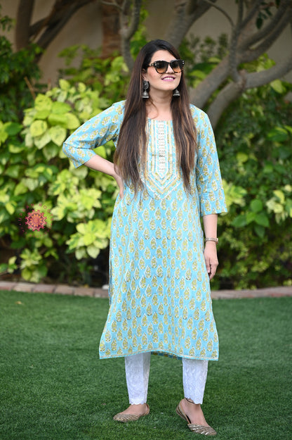 Block Printed Stitched Cotton Kurti With Gota / Lace Work