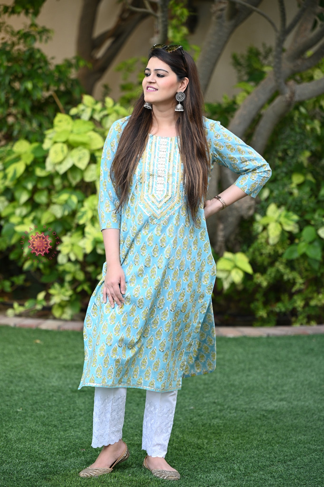 Block Printed Stitched Cotton Kurti With Gota / Lace Work