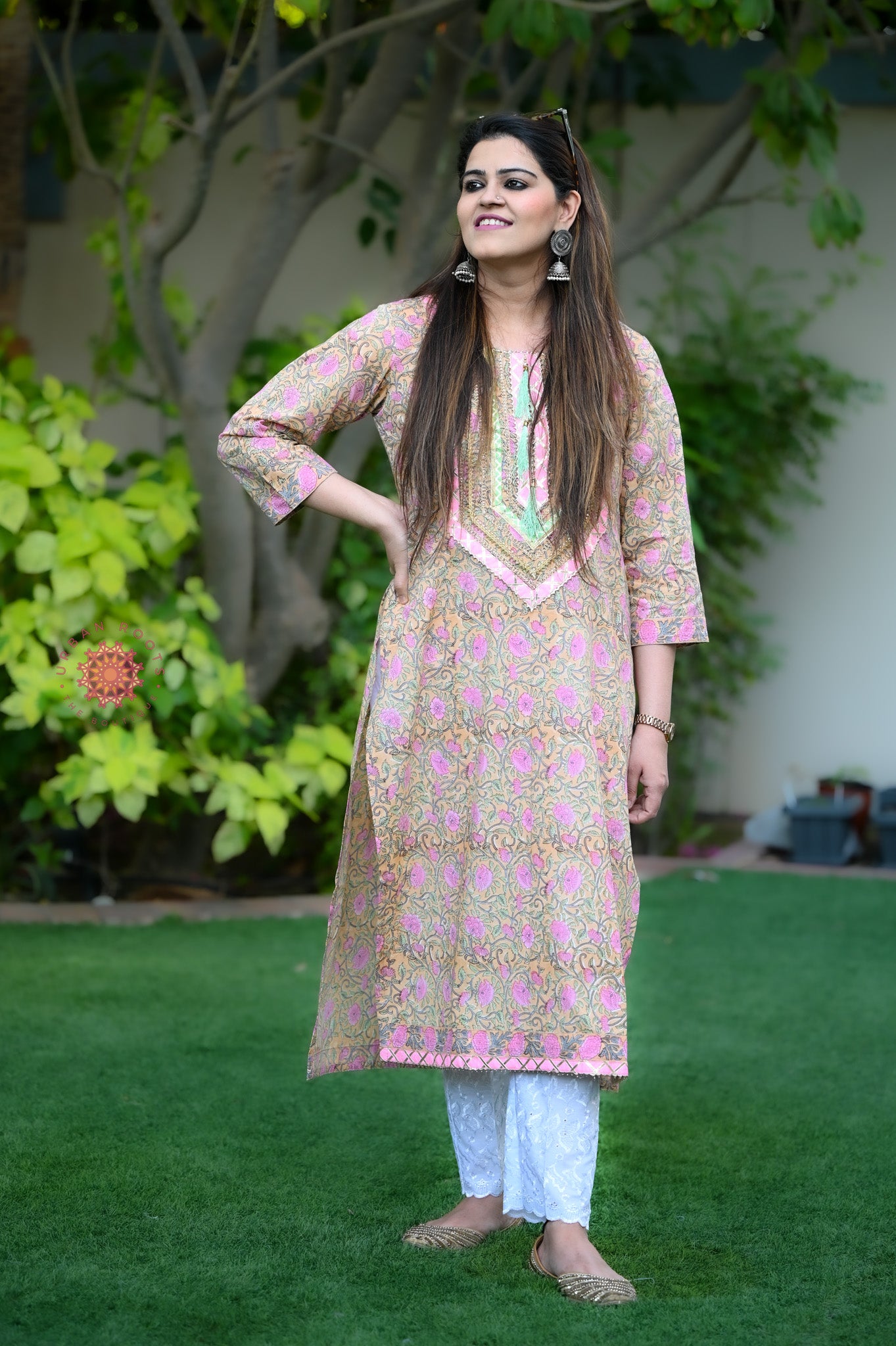 Block Printed Stitched Cotton Kurti With Gota / Lace Work