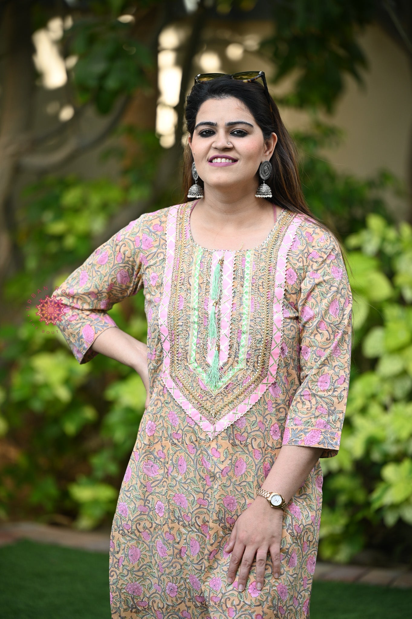 Block Printed Stitched Cotton Kurti With Gota / Lace Work