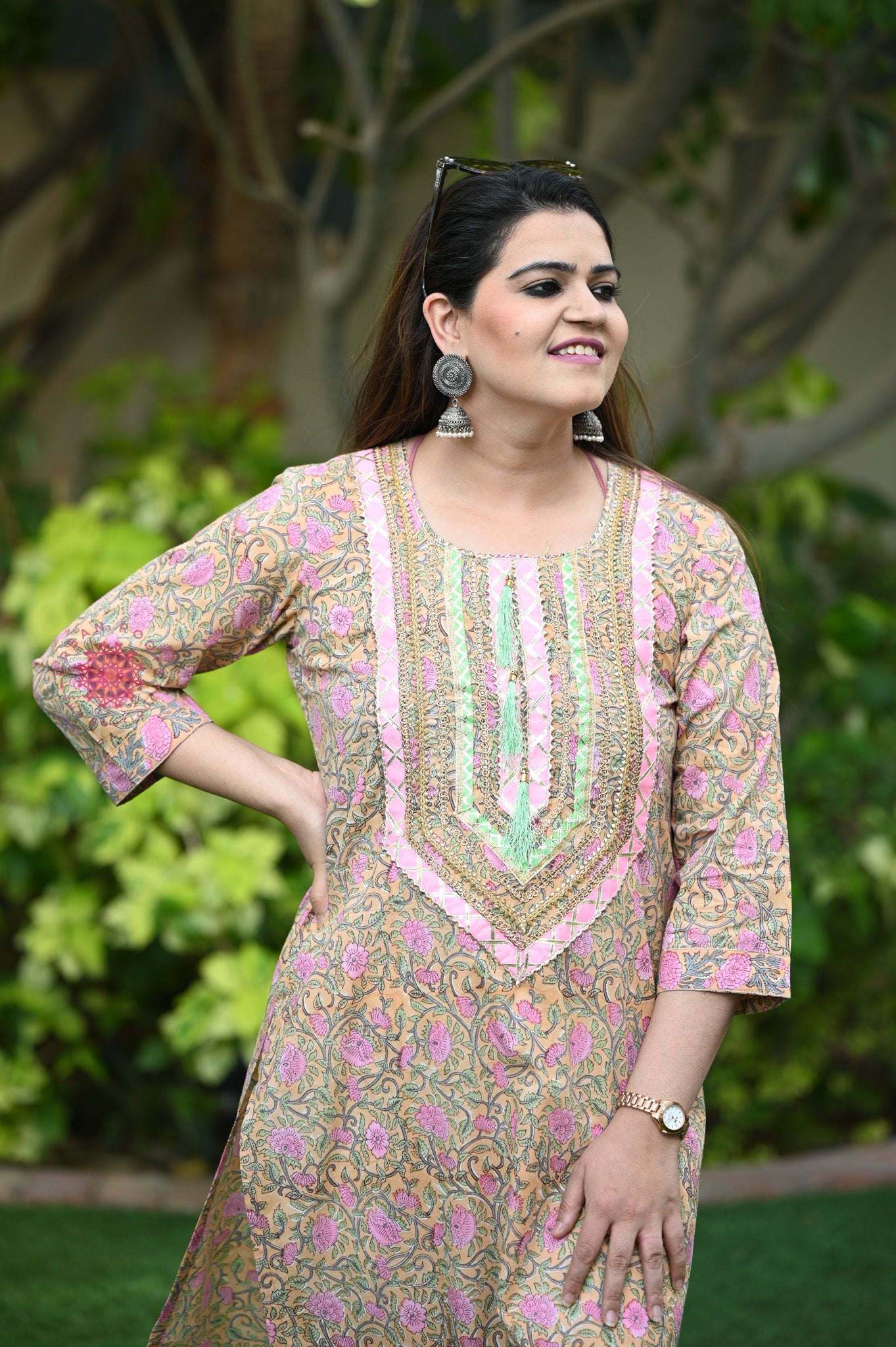 Block Printed Stitched Cotton Kurti With Gota / Lace Work