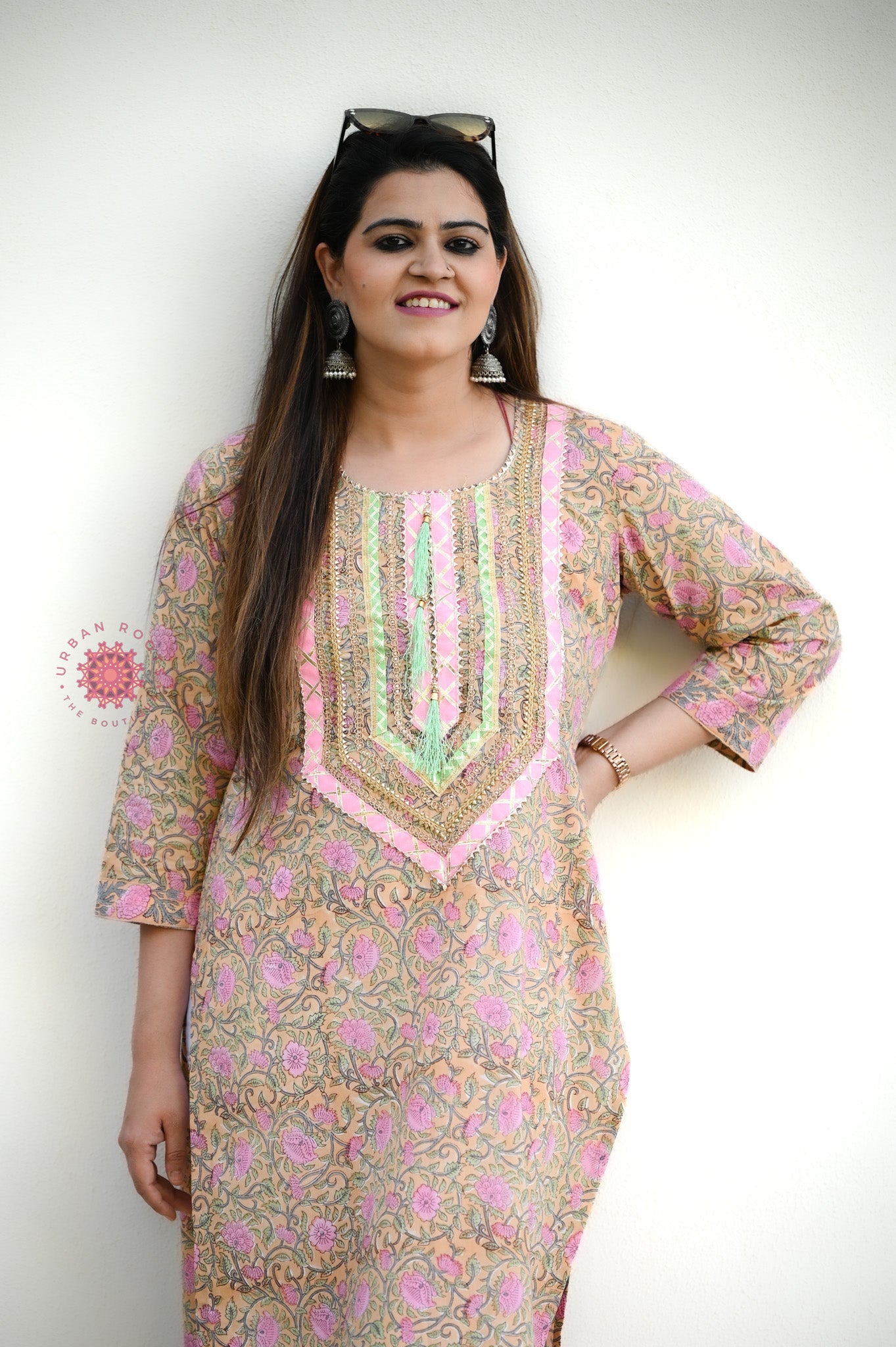 Block Printed Stitched Cotton Kurti With Gota / Lace Work