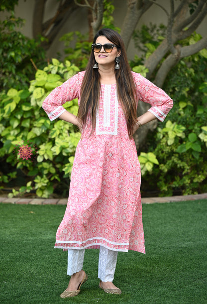 Block Printed Stitched Cotton Kurti With Gota / Lace Work