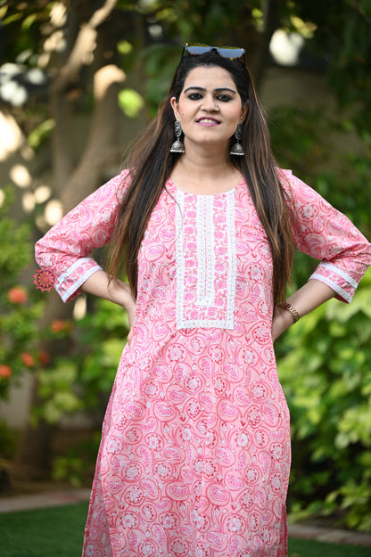 Block Printed Stitched Cotton Kurti With Gota / Lace Work