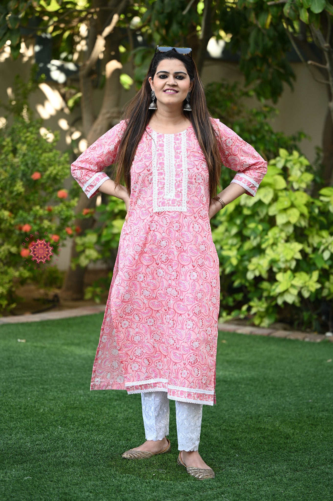 Block Printed Stitched Cotton Kurti With Gota / Lace Work