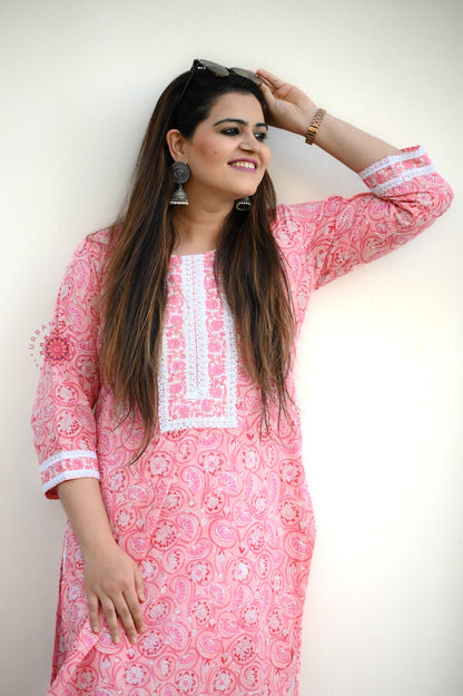 Block Printed Stitched Cotton Kurti With Gota / Lace Work