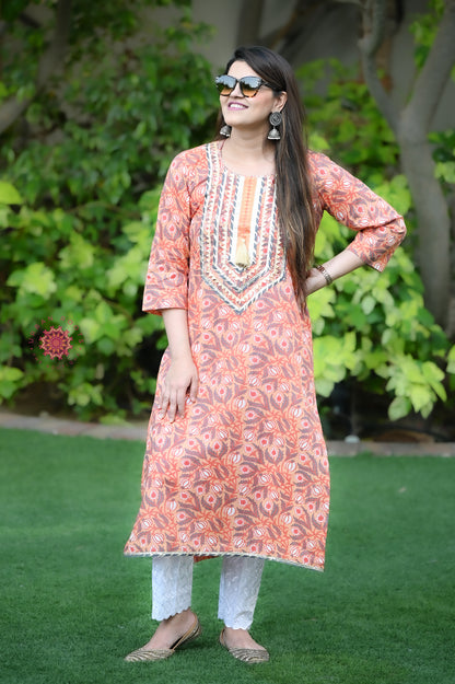 Block Printed Stitched Cotton Kurti With Gota / Lace Work