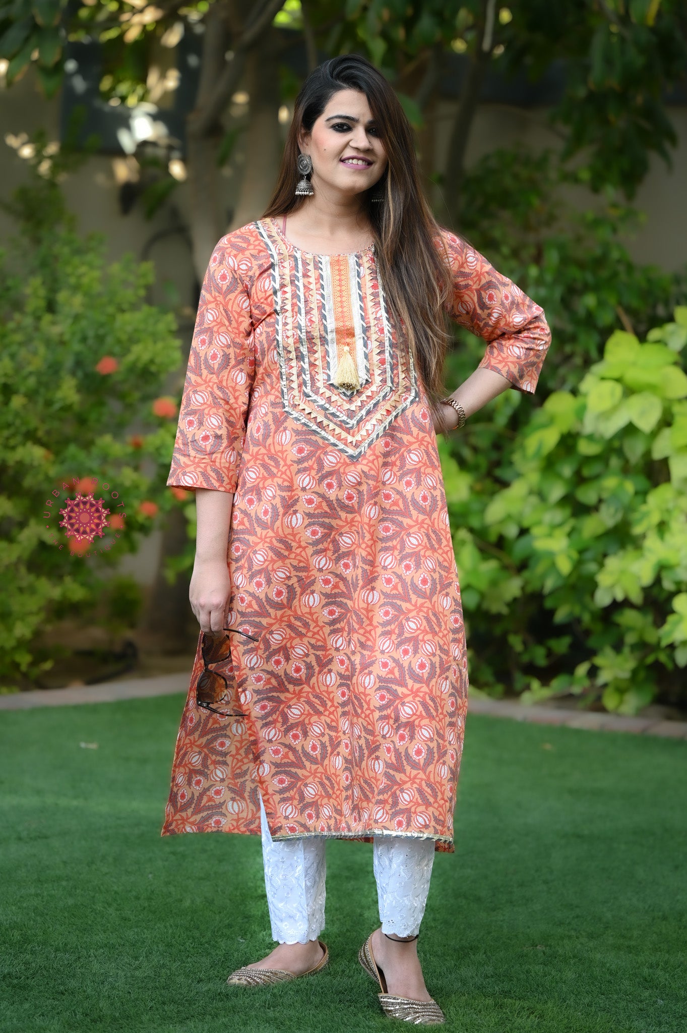 Block Printed Stitched Cotton Kurti With Gota / Lace Work