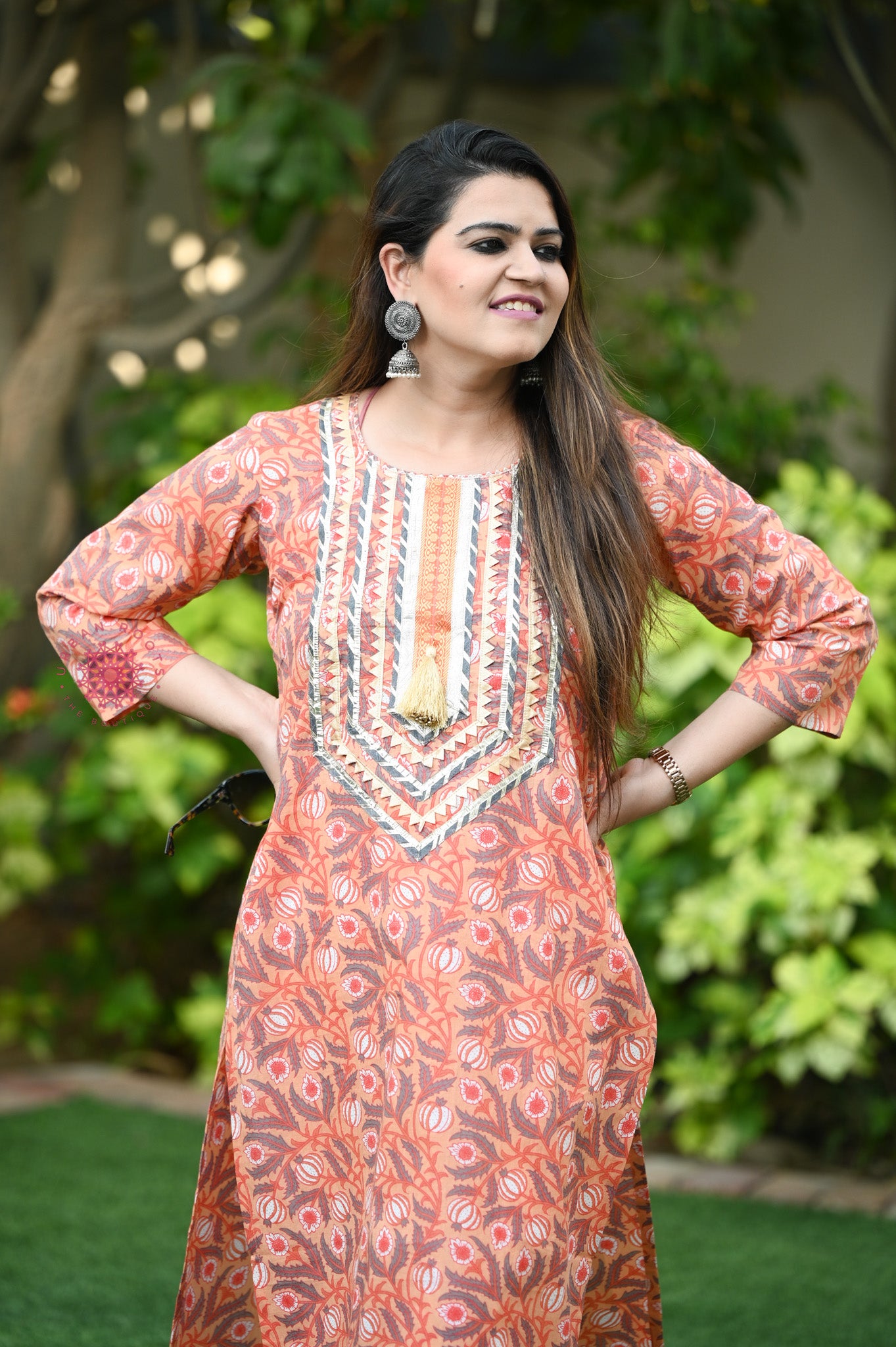 Block Printed Stitched Cotton Kurti With Gota / Lace Work