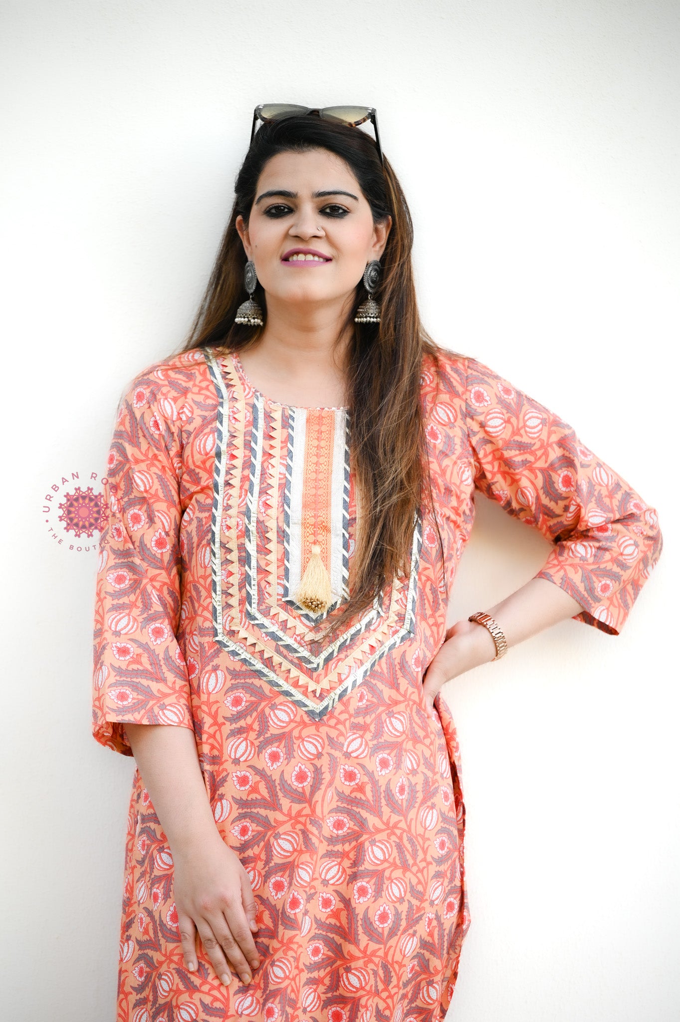 Block Printed Stitched Cotton Kurti With Gota / Lace Work