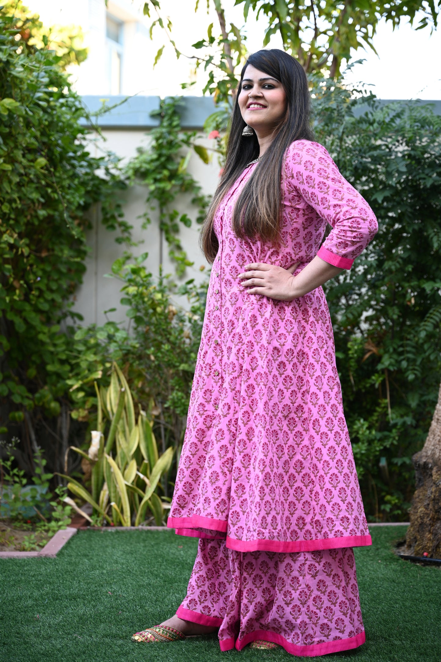 Hand Block Printed Pink Sharara Set - Urban Roots