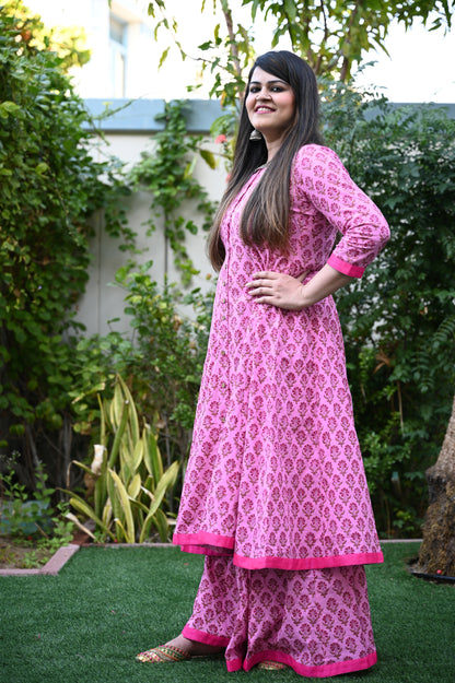 Hand Block Printed Pink Sharara Set - Urban Roots