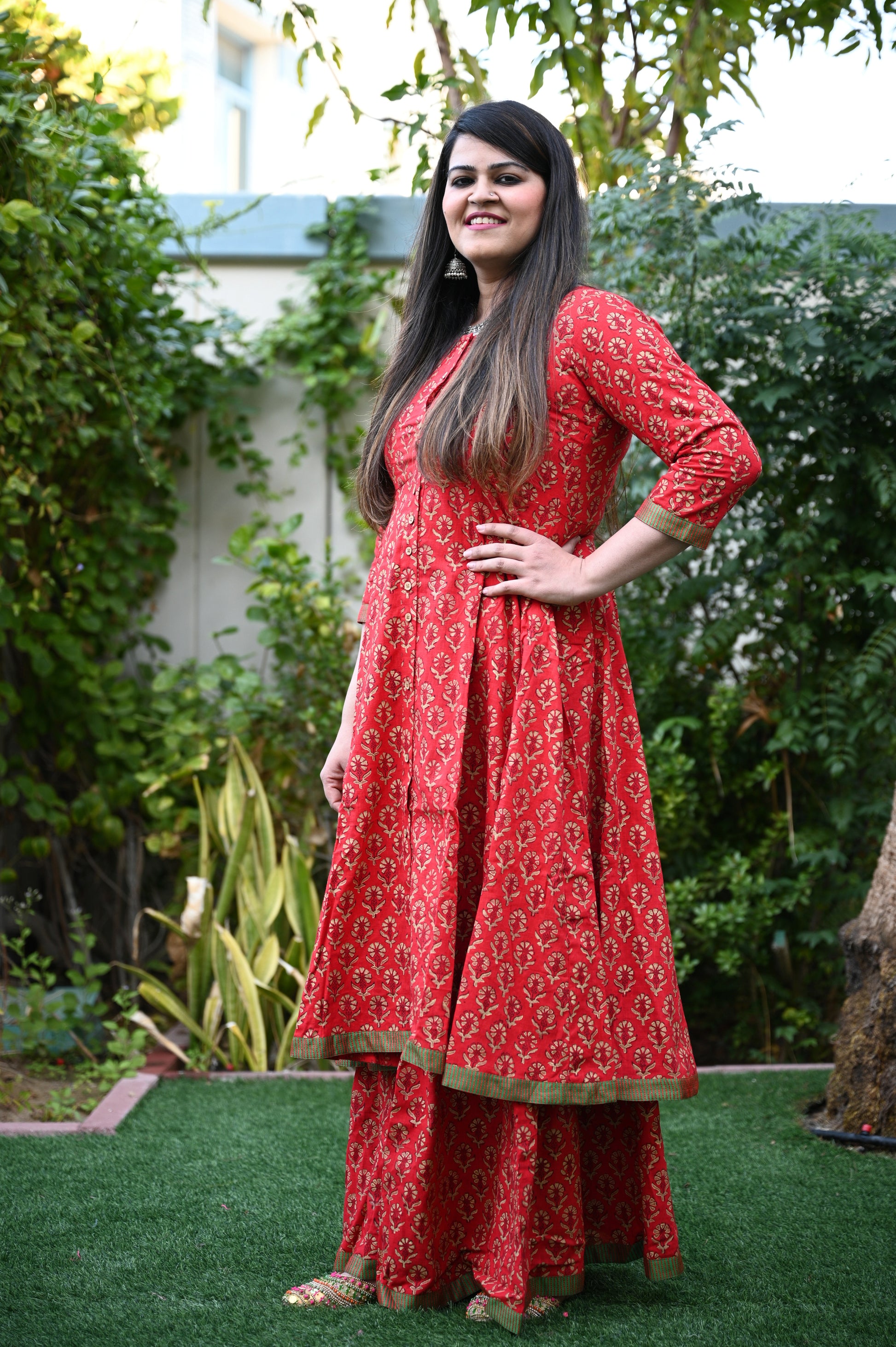 Hand Block Printed Red Sharara Set - Urban Roots