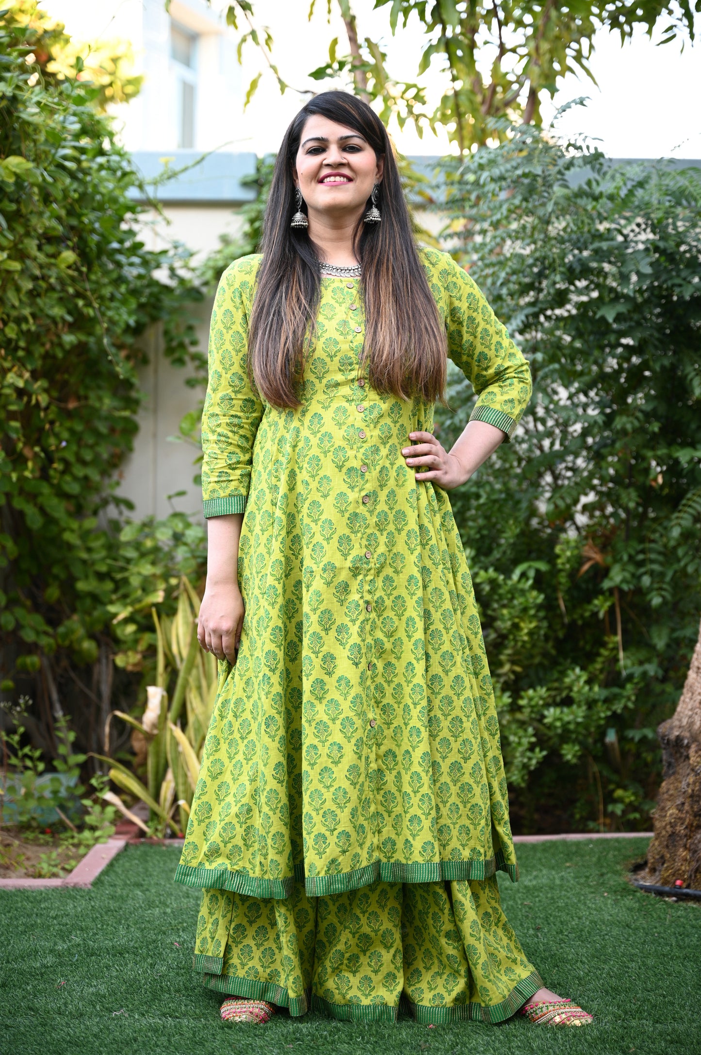 Hand Block Printed Green Sharara Set - Urban Roots