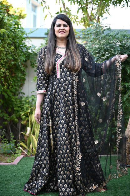 Hand Block Printed Black Angrakha Set - Urban Roots