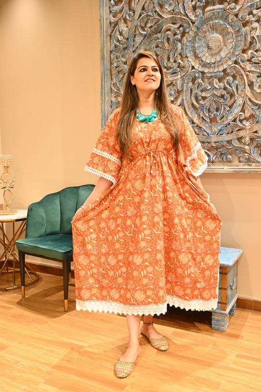 Cotton Kaftan With Lace Work - Urban Roots