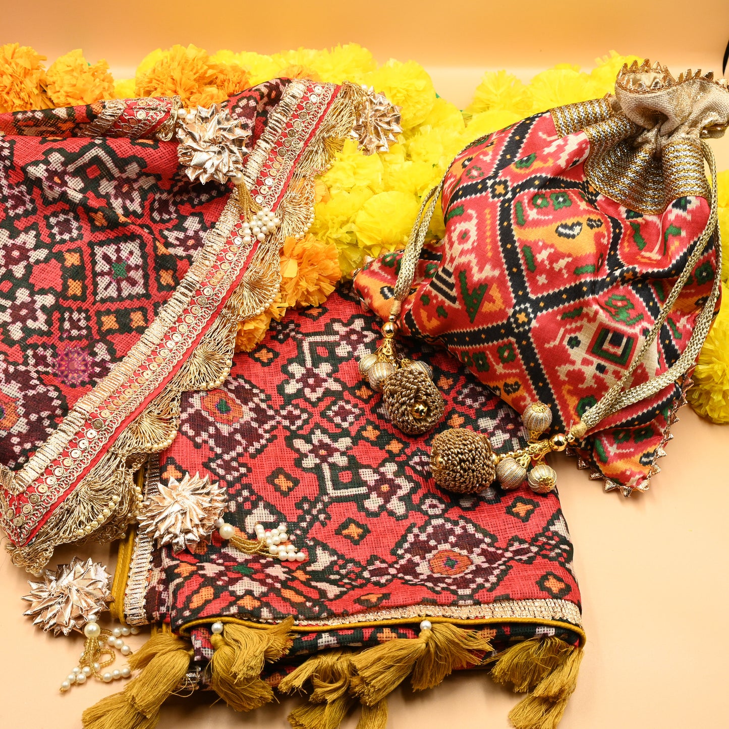 Patola Print Hand Potli Dupatta Thaal Cover Gift Set - Urban Roots