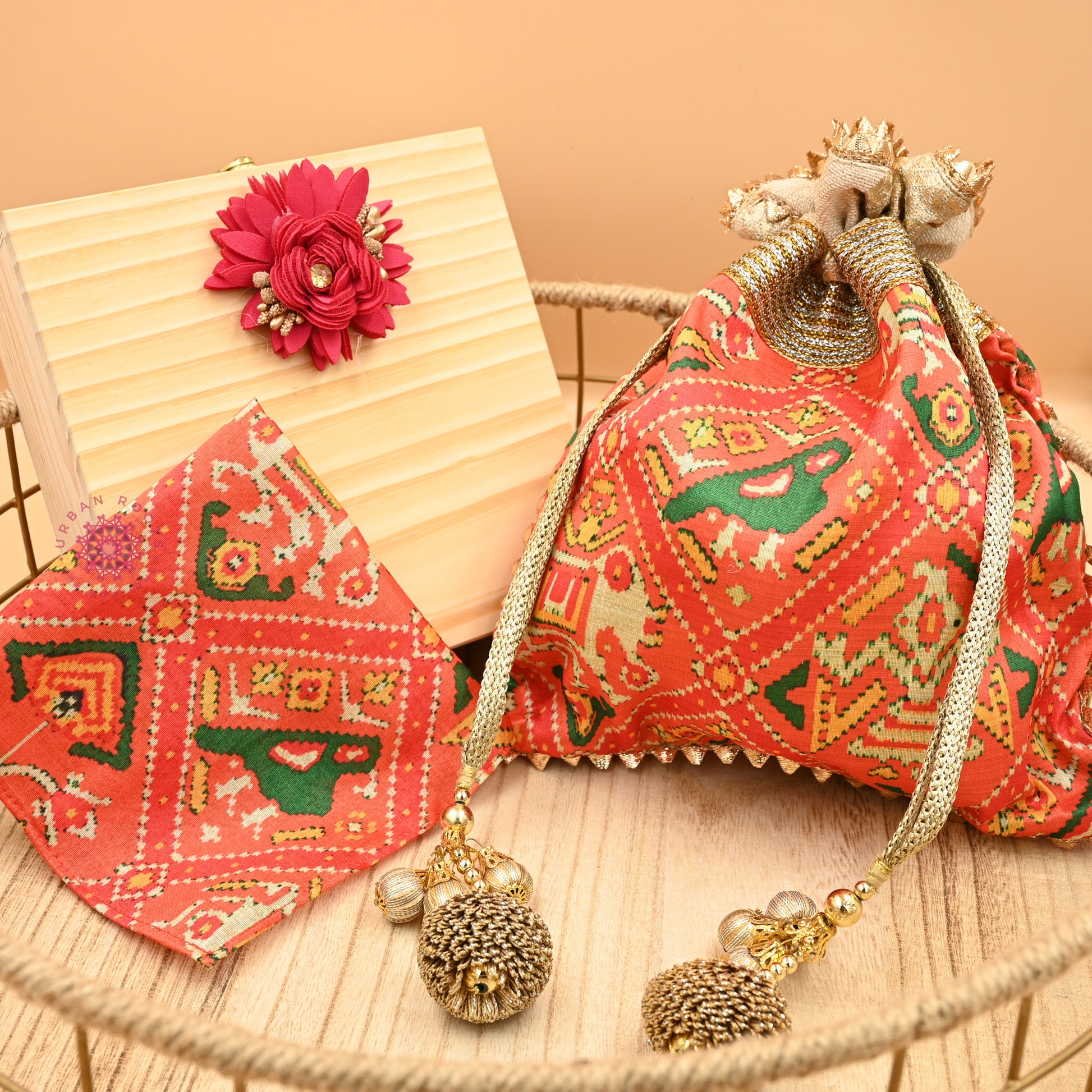 Patola Silk Hand Potli And Pocket Square Gift Set - Urban Roots