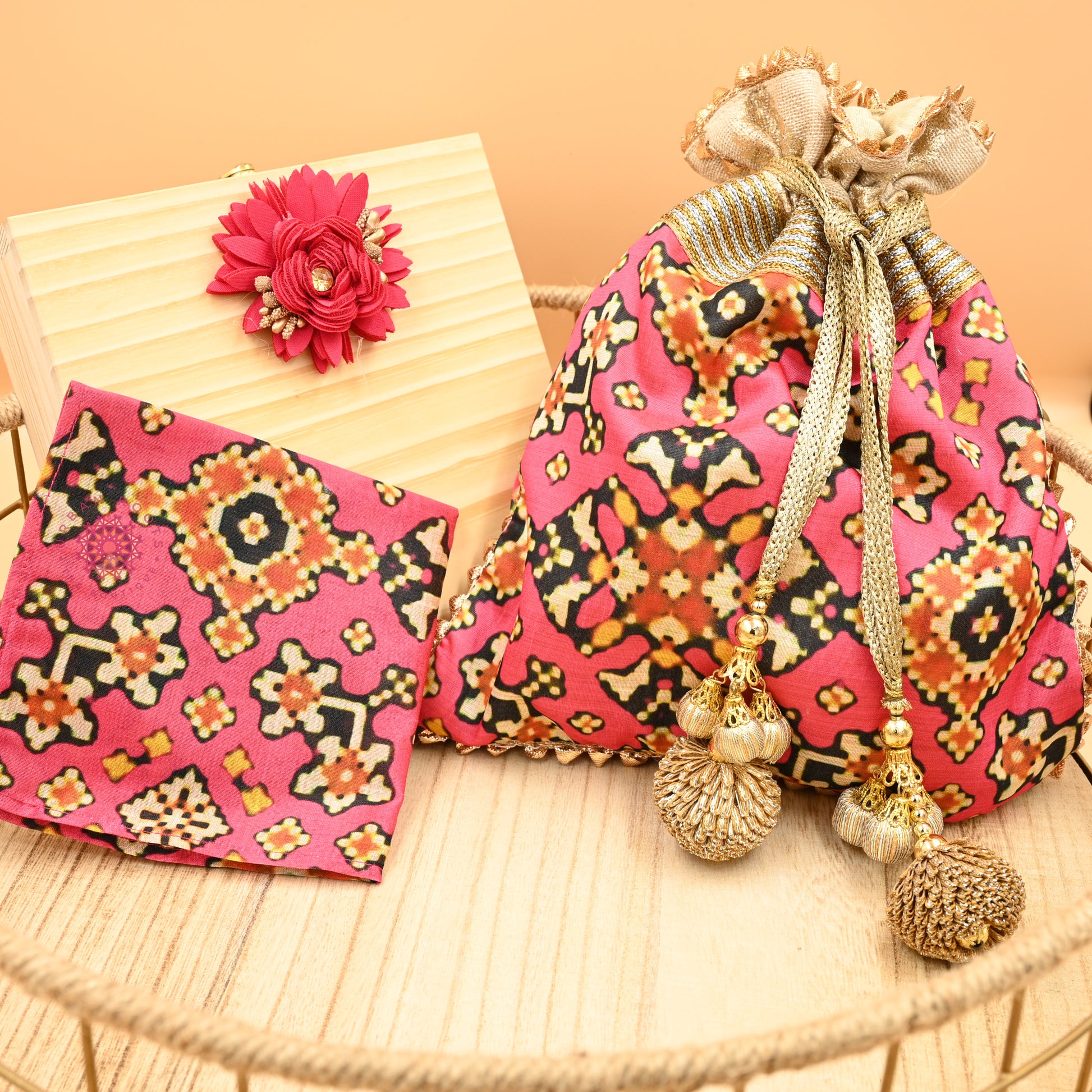 Patola Silk Hand Potli And Pocket Square Gift Set - Urban Roots