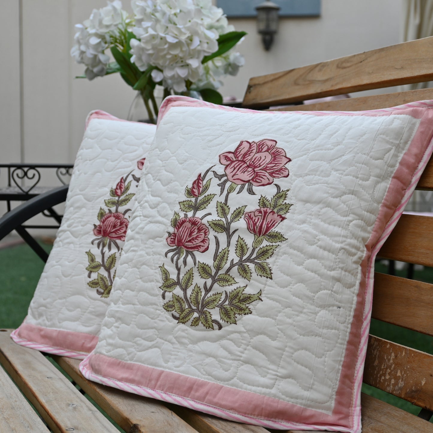 Quilted Hand Block Printed Cushion Cover (Set of 2) - Urban Roots