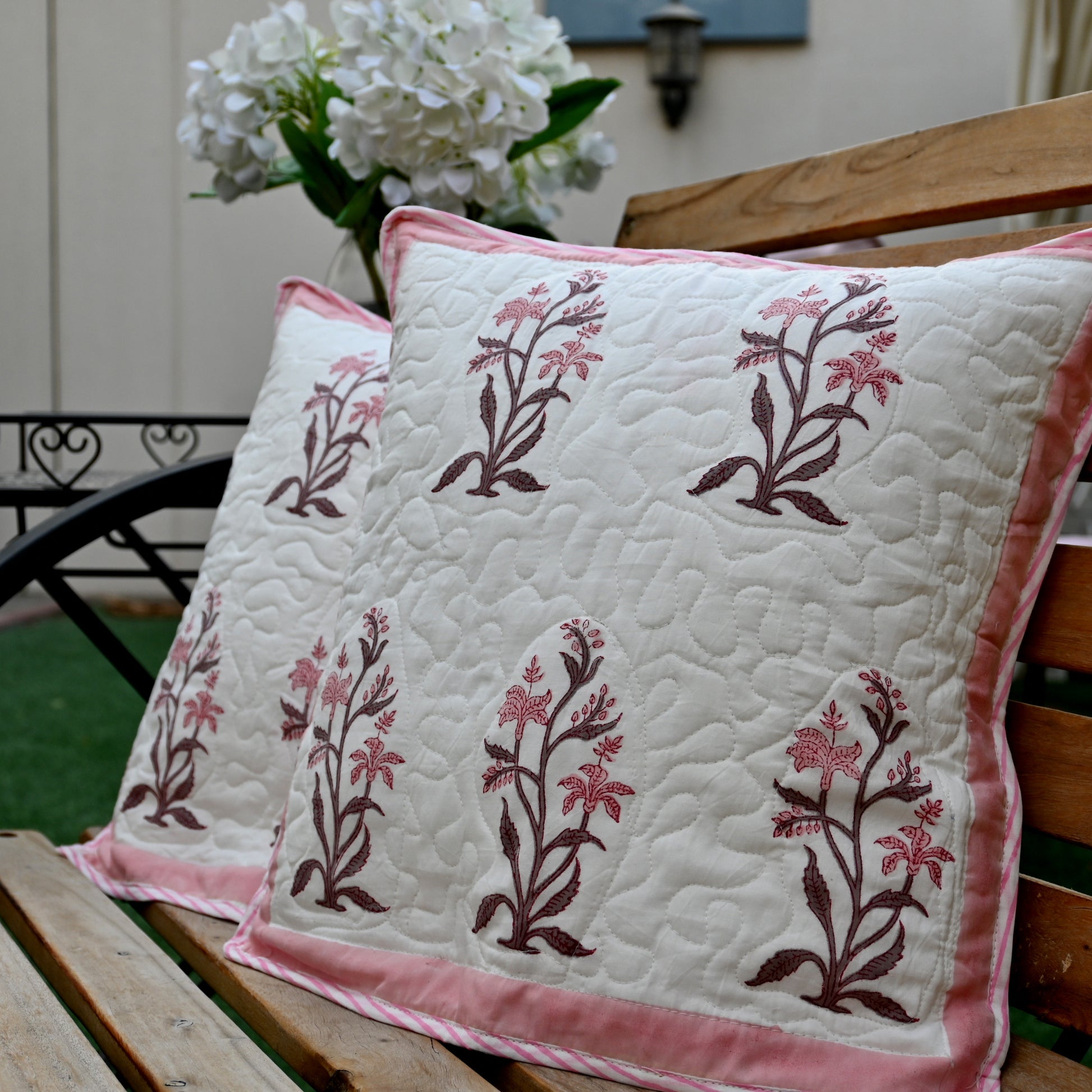 Quilted Hand Block Printed Cushion Cover (Set of 2) - Urban Roots