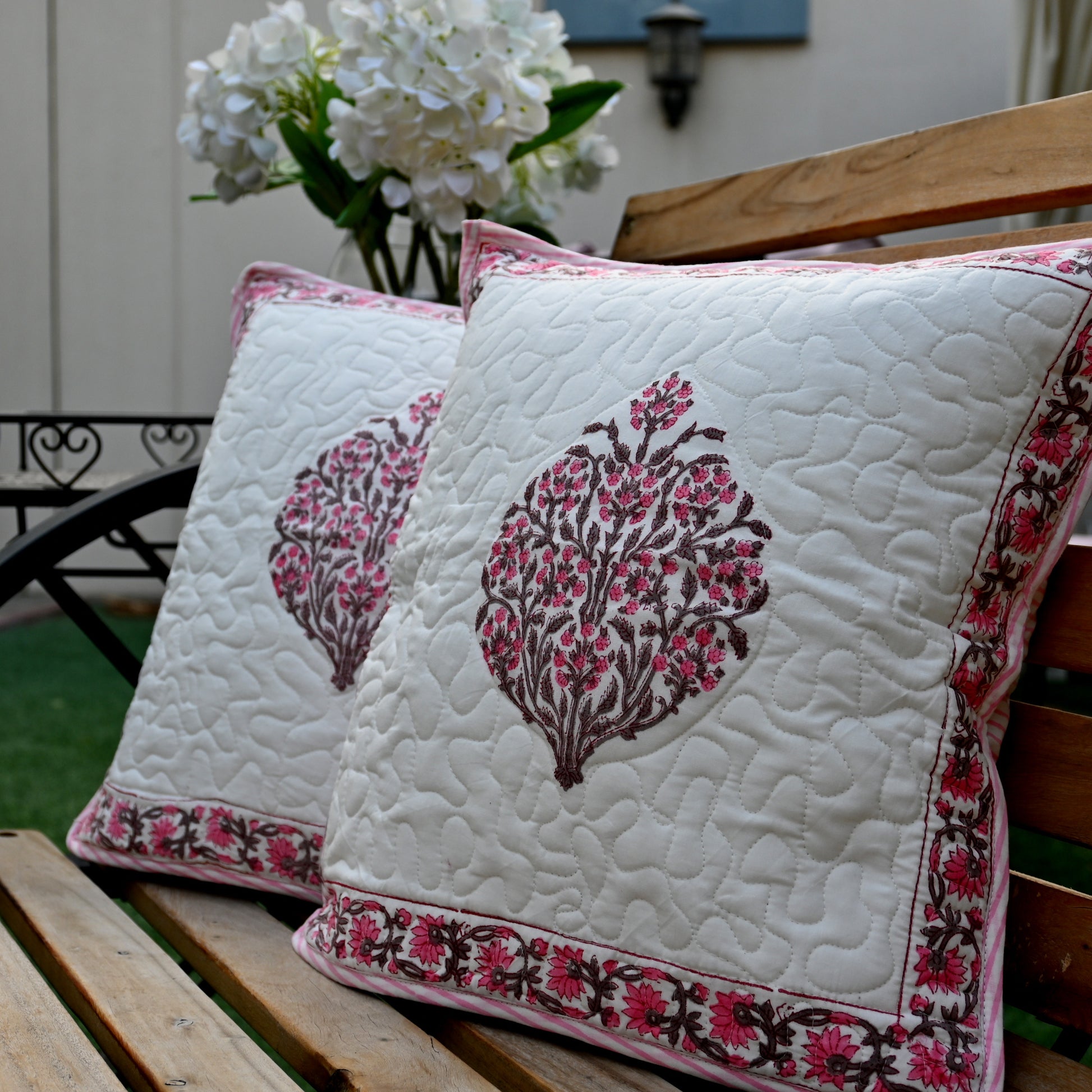 Quilted Hand Block Printed Cushion Cover (Set of 2) - Urban Roots