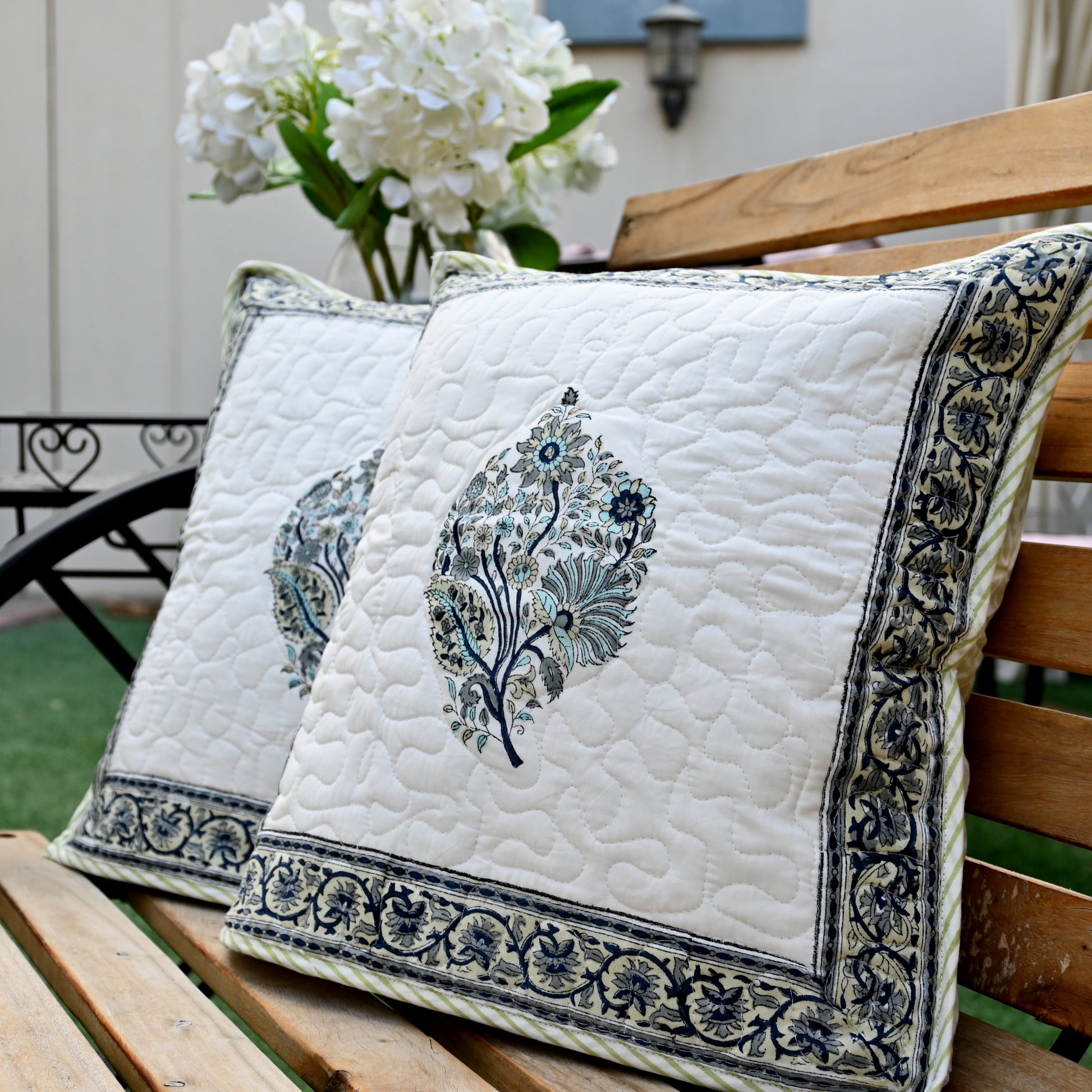 Quilted Hand Block Printed Cushion Cover (Set of 2) - Urban Roots