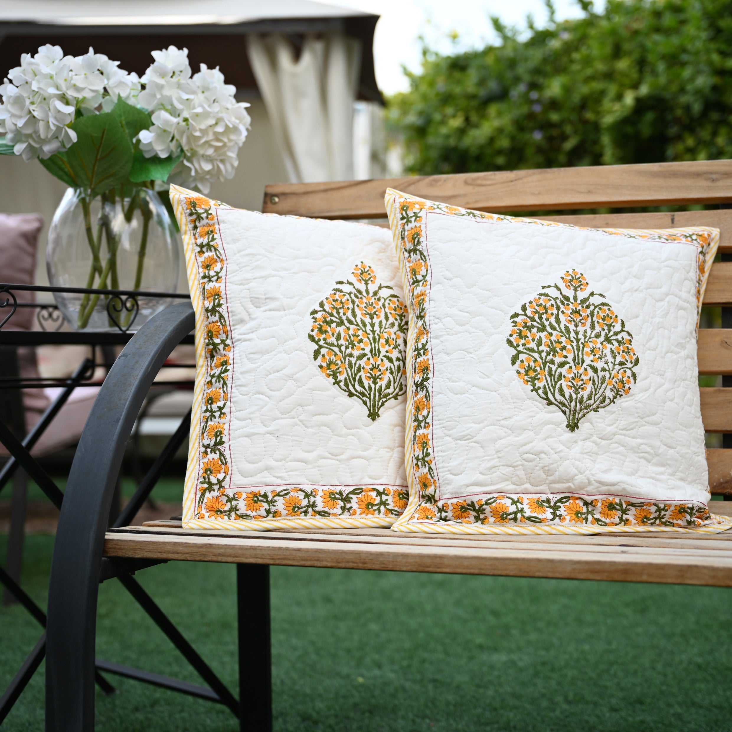 Quilted Hand Block Printed Cushion Cover Set of 2 Urban Roots