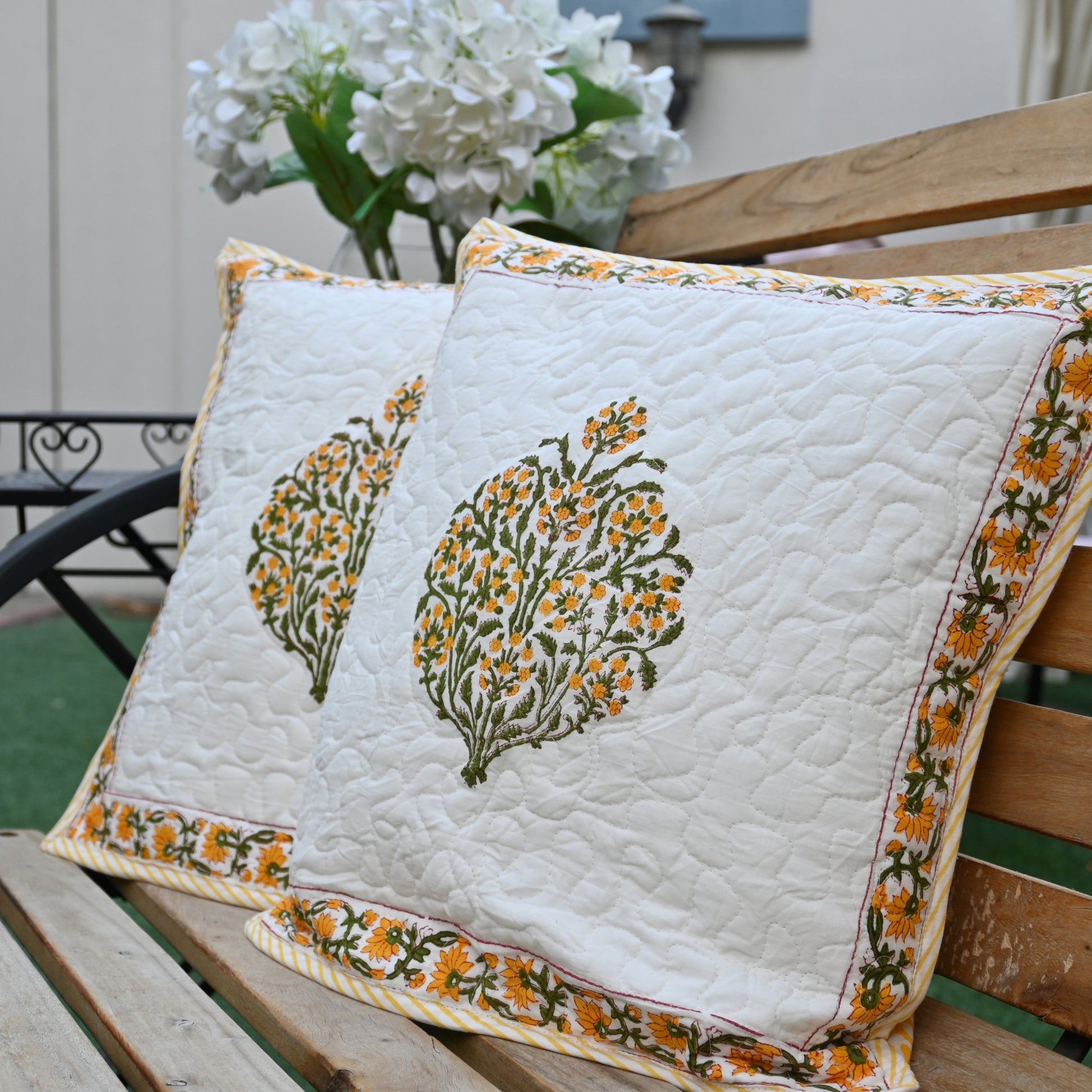 Quilted Hand Block Printed Cushion Cover (Set of 2) - Urban Roots