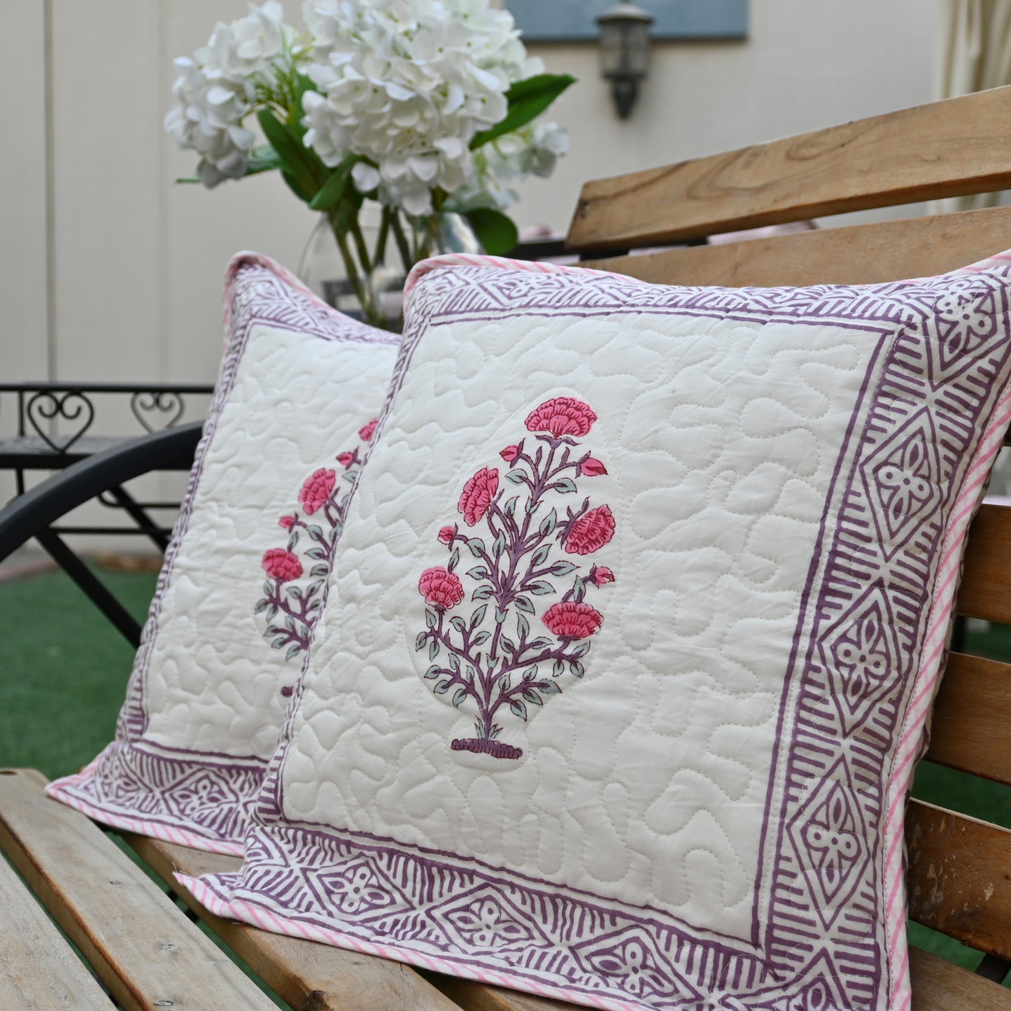 Quilted Hand Block Printed Cushion Cover (Set of 2) - Urban Roots